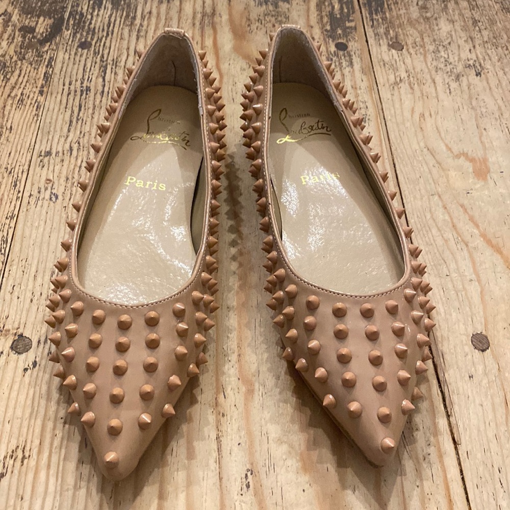 Christian Louboutin Nude Studded Pointed-Toe Flats
